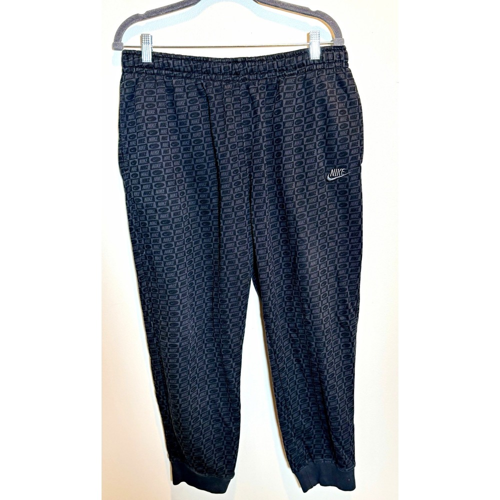 Nike Men's Fleece Jogger Pants Black/Gray Logo Pattern XL Drawstring Pockets
